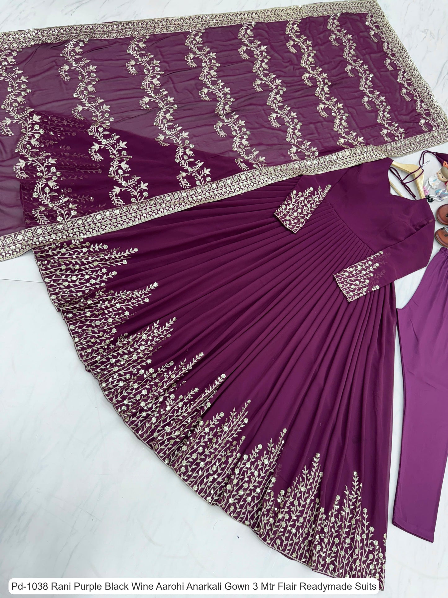 Pd-1038 Rani Purple Black Wine Aarohi Anarkali Gown 3 Mtr Flair Readymade Suits