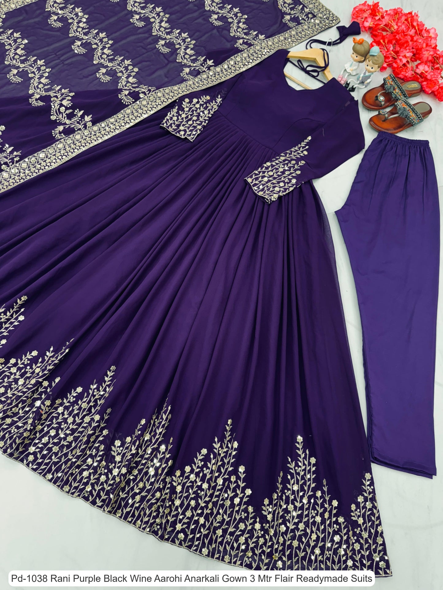 Pd-1038 Rani Purple Black Wine Aarohi Anarkali Gown 3 Mtr Flair Readymade Suits