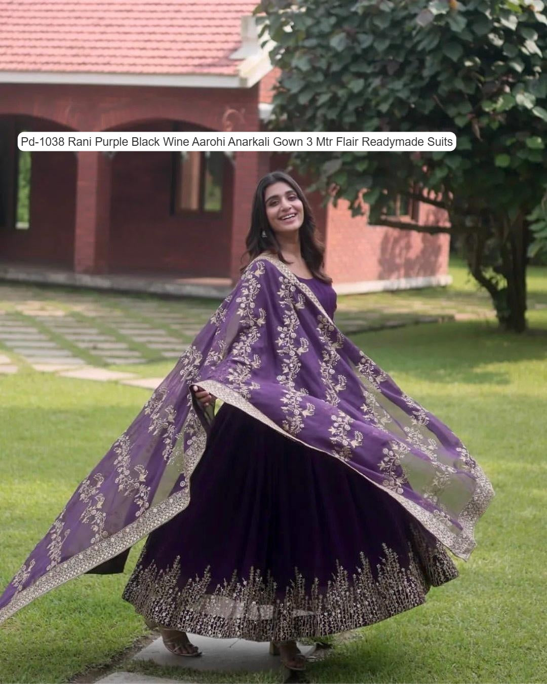 Pd-1038 Rani Purple Black Wine Aarohi Anarkali Gown 3 Mtr Flair Readymade Suits