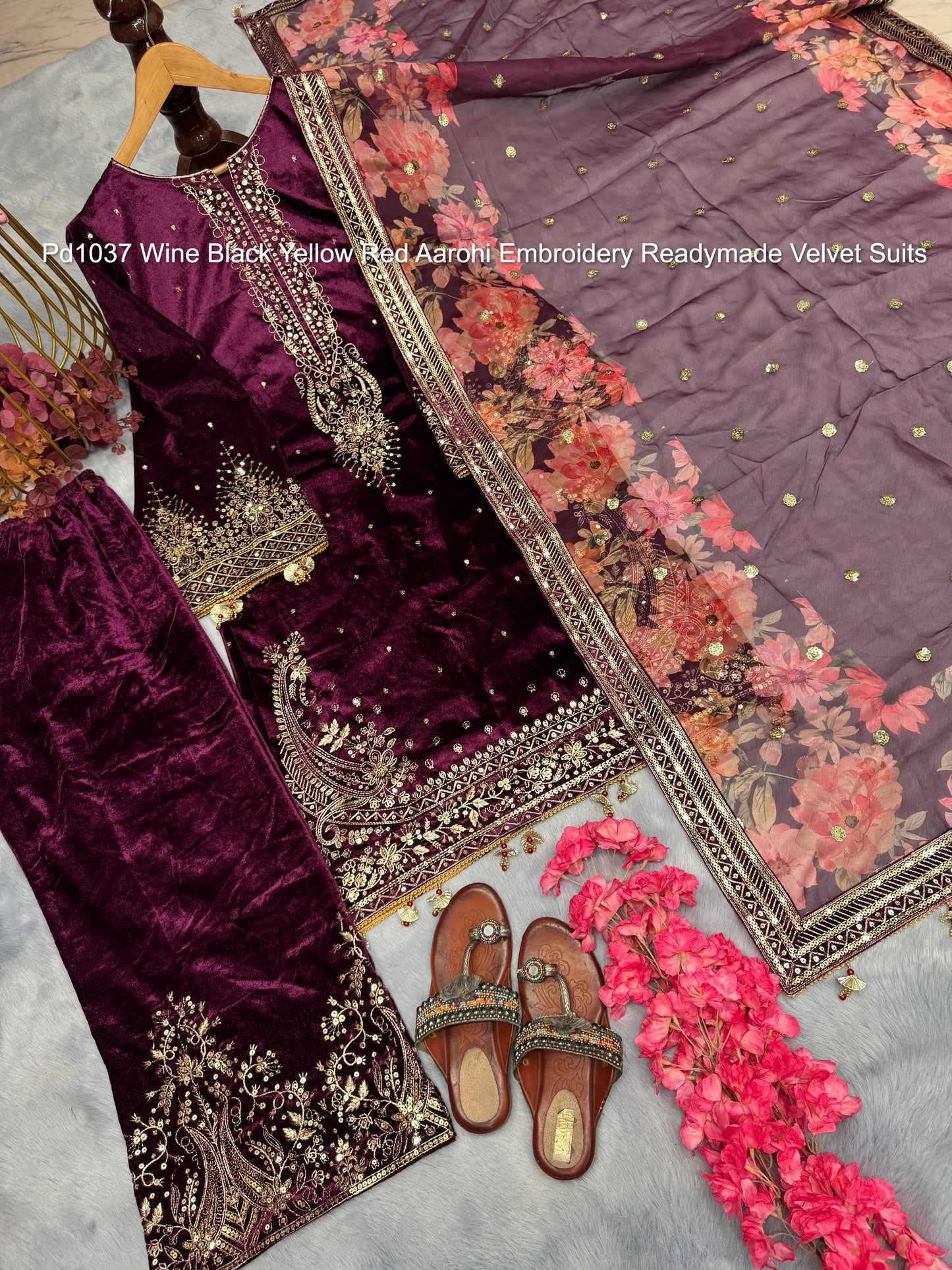 Pd1037 Wine Black Yellow Red Aarohi Embroidery Readymade Velvet Suits