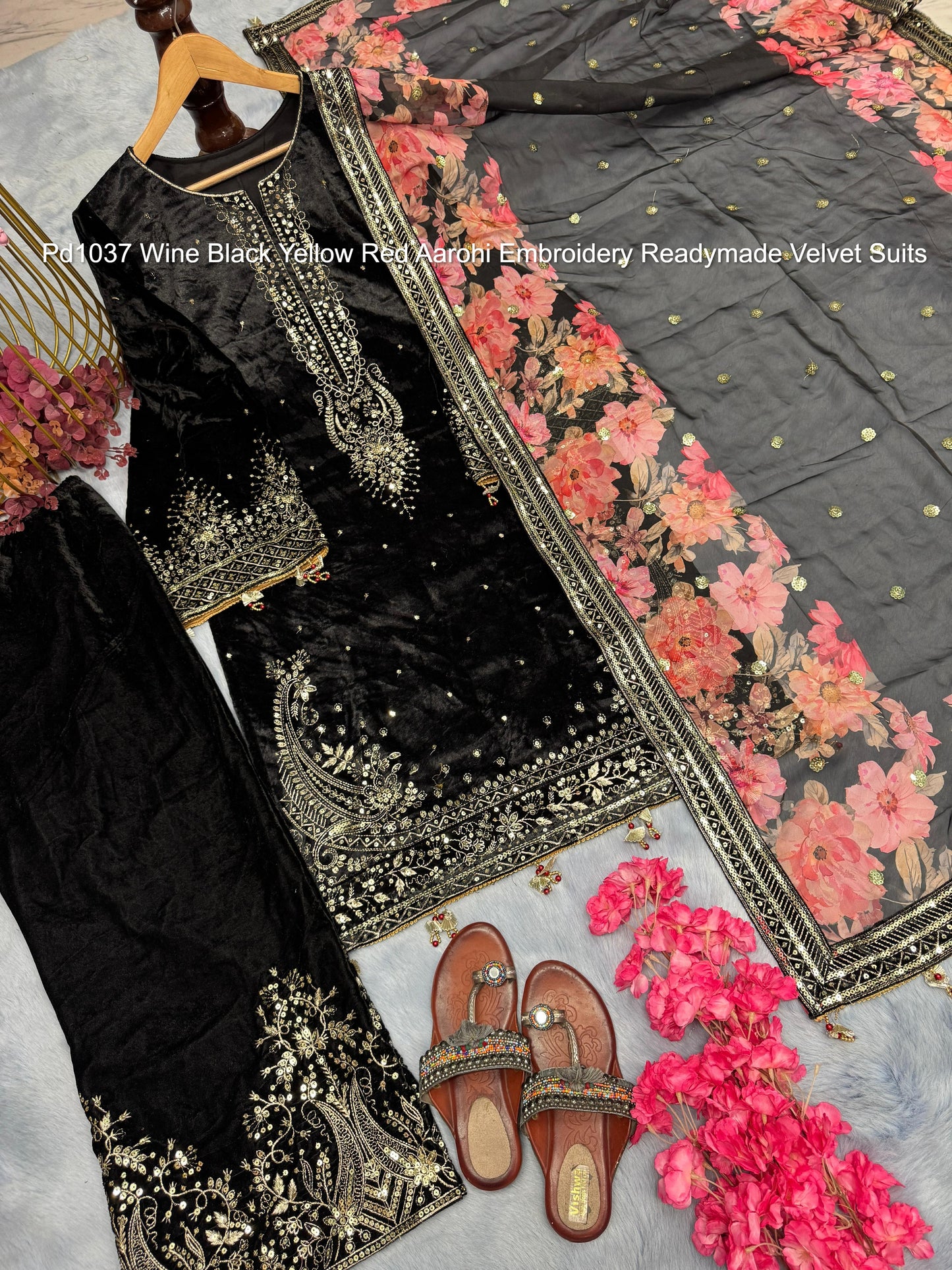 Pd1037 Wine Black Yellow Red Aarohi Embroidery Readymade Velvet Suits