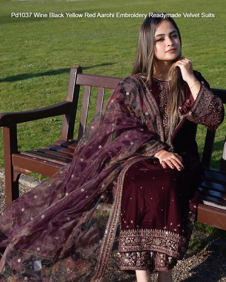 Pd1037 Wine Black Yellow Red Aarohi Embroidery Readymade Velvet Suits