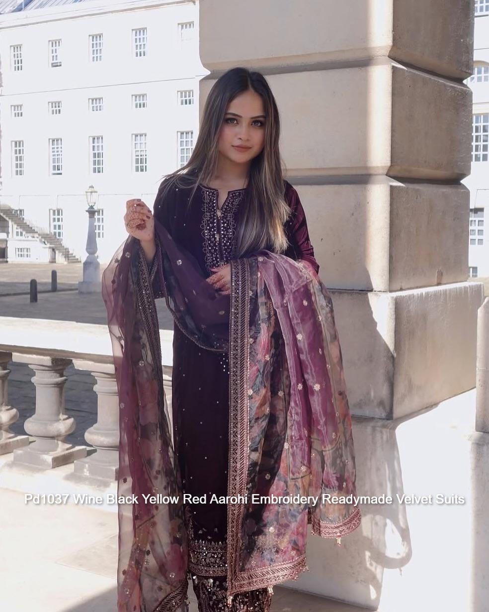 Pd1037 Wine Black Yellow Red Aarohi Embroidery Readymade Velvet Suits
