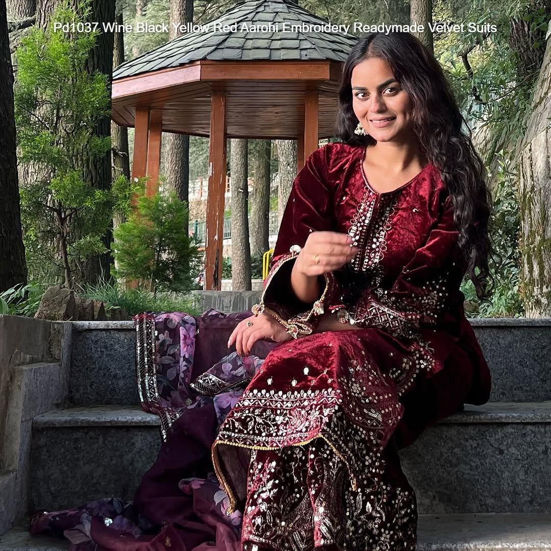 Pd1037 Wine Black Yellow Red Aarohi Embroidery Readymade Velvet Suits