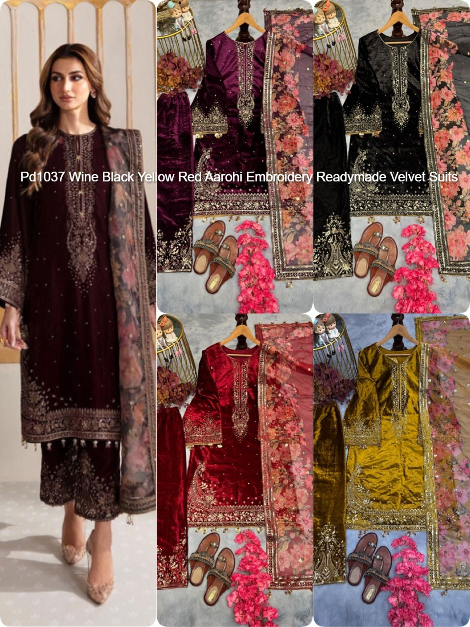 Pd1037 Wine Black Yellow Red Aarohi Embroidery Readymade Velvet Suits