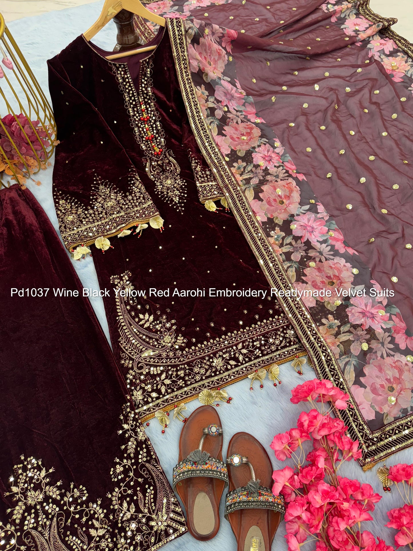 Pd1037 Wine Black Yellow Red Aarohi Embroidery Readymade Velvet Suits