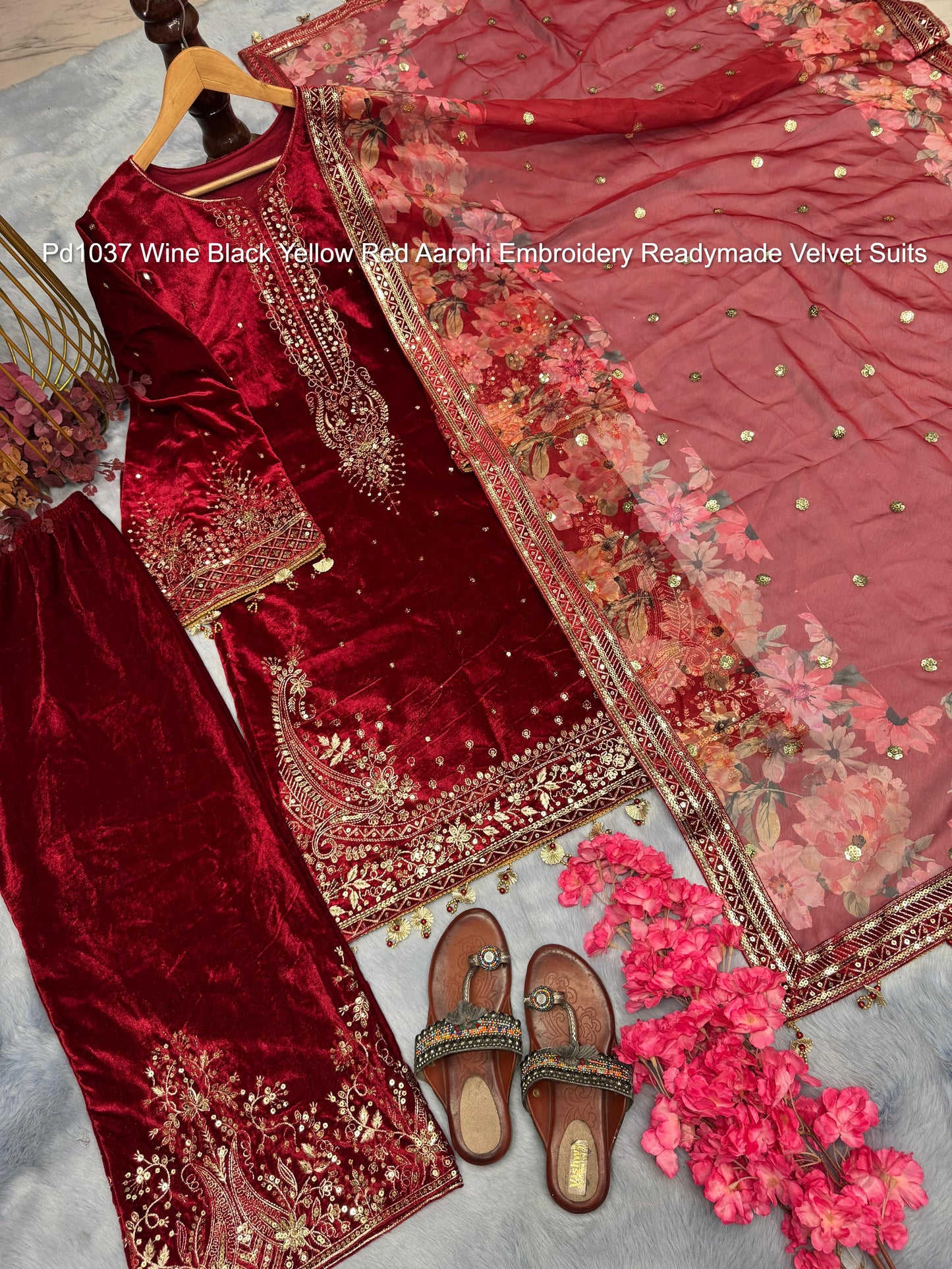 Pd1037 Wine Black Yellow Red Aarohi Embroidery Readymade Velvet Suits