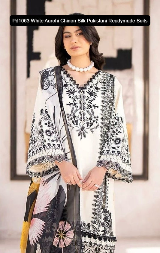 Pd1063 White Aarohi Chinon Silk Pakistani Readymade Suits