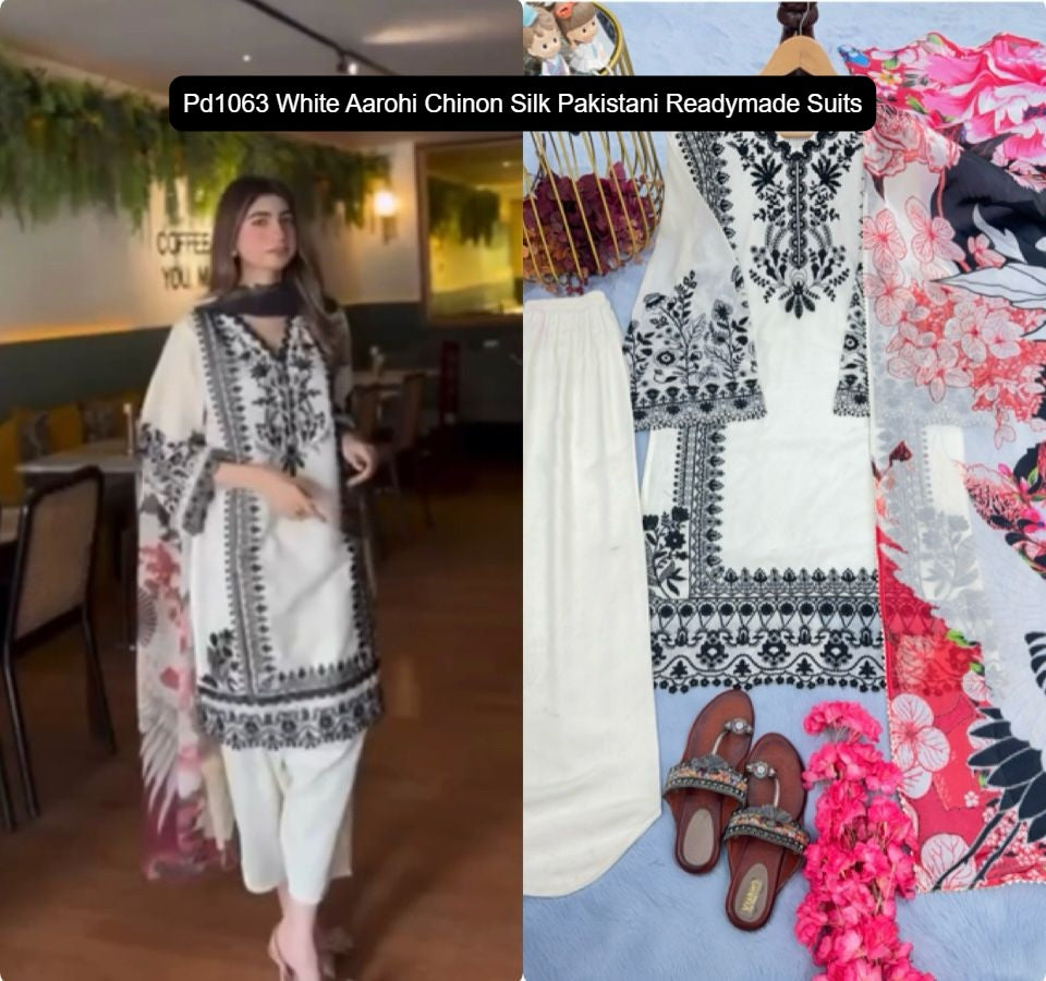 Pd1063 White Aarohi Chinon Silk Pakistani Readymade Suits