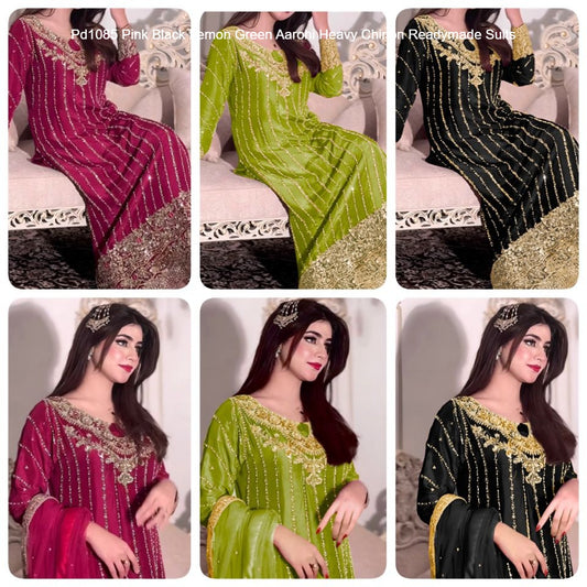 Pd1085 Pink Black Lemon Green Aarohi Heavy Chinon Readymade Suits