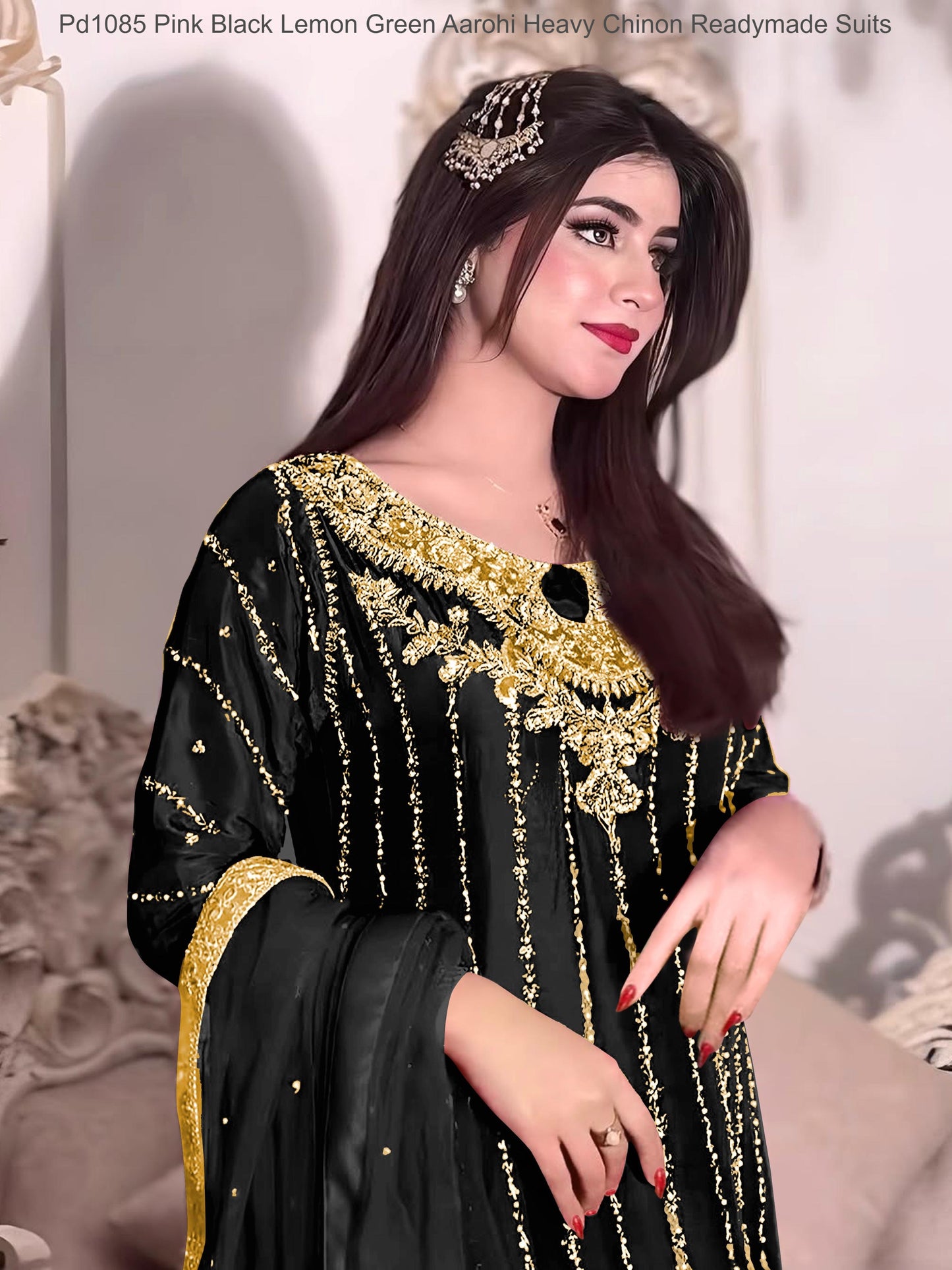 Pd1085 Pink Black Lemon Green Aarohi Heavy Chinon Readymade Suits