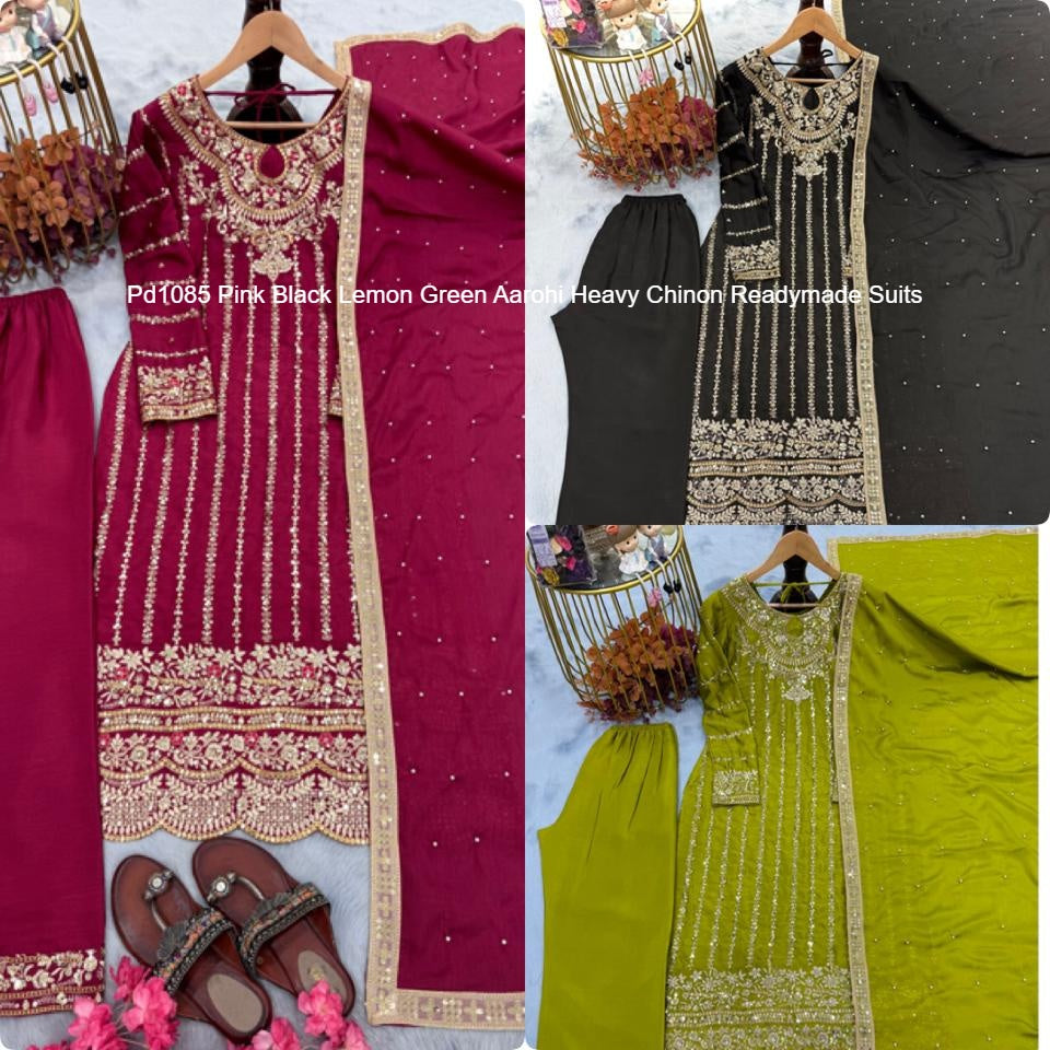 Pd1085 Pink Black Lemon Green Aarohi Heavy Chinon Readymade Suits