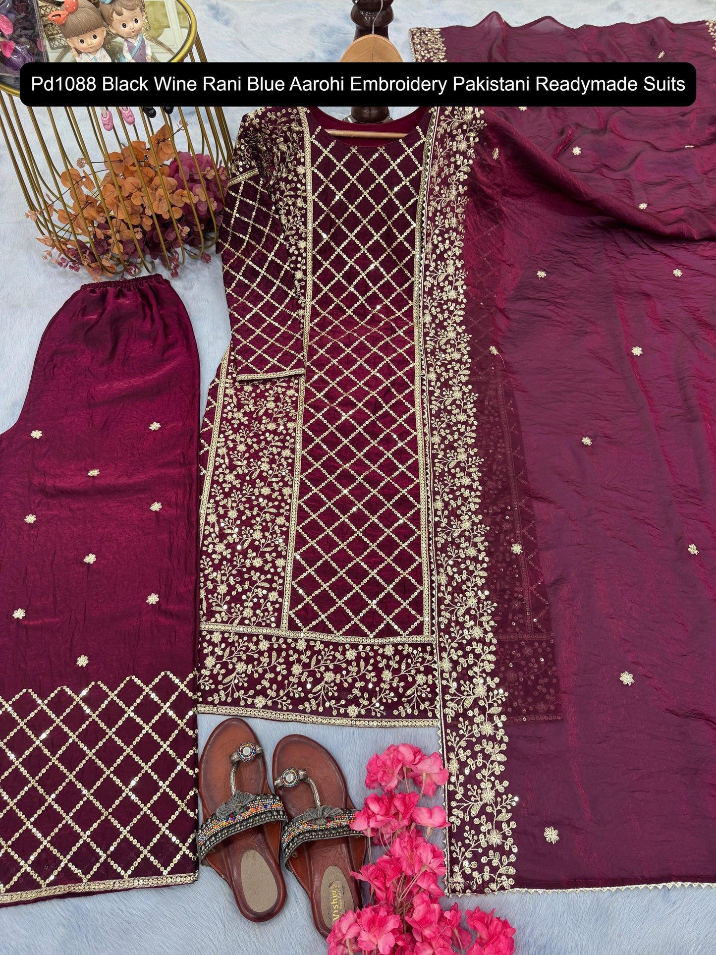 Pd1088 Black Wine Rani Blue Aarohi Embroidery Pakistani Readymade Suits