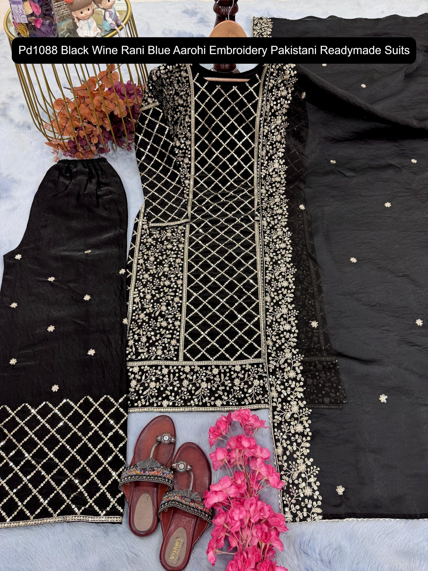 Pd1088 Black Wine Rani Blue Aarohi Embroidery Pakistani Readymade Suits