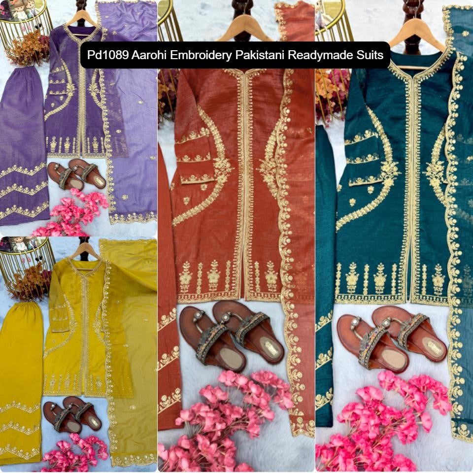Pd1089 Purple Yellow Dark Blue Light Red Aarohi Embroidery Pakistani Readymade Suits