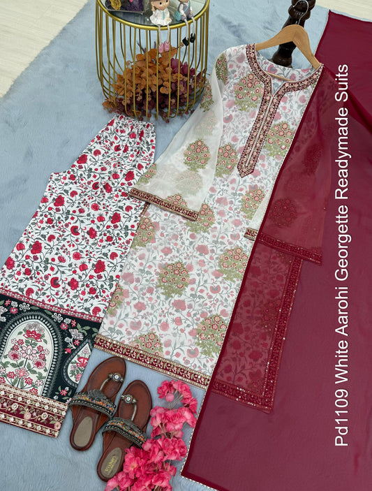 Pd1109 White Aarohi Georgette Readymade Suits