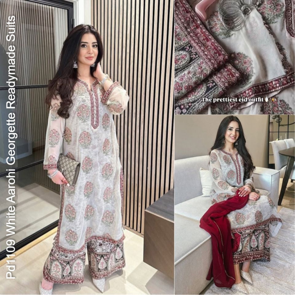 Pd1109 White Aarohi Georgette Readymade Suits