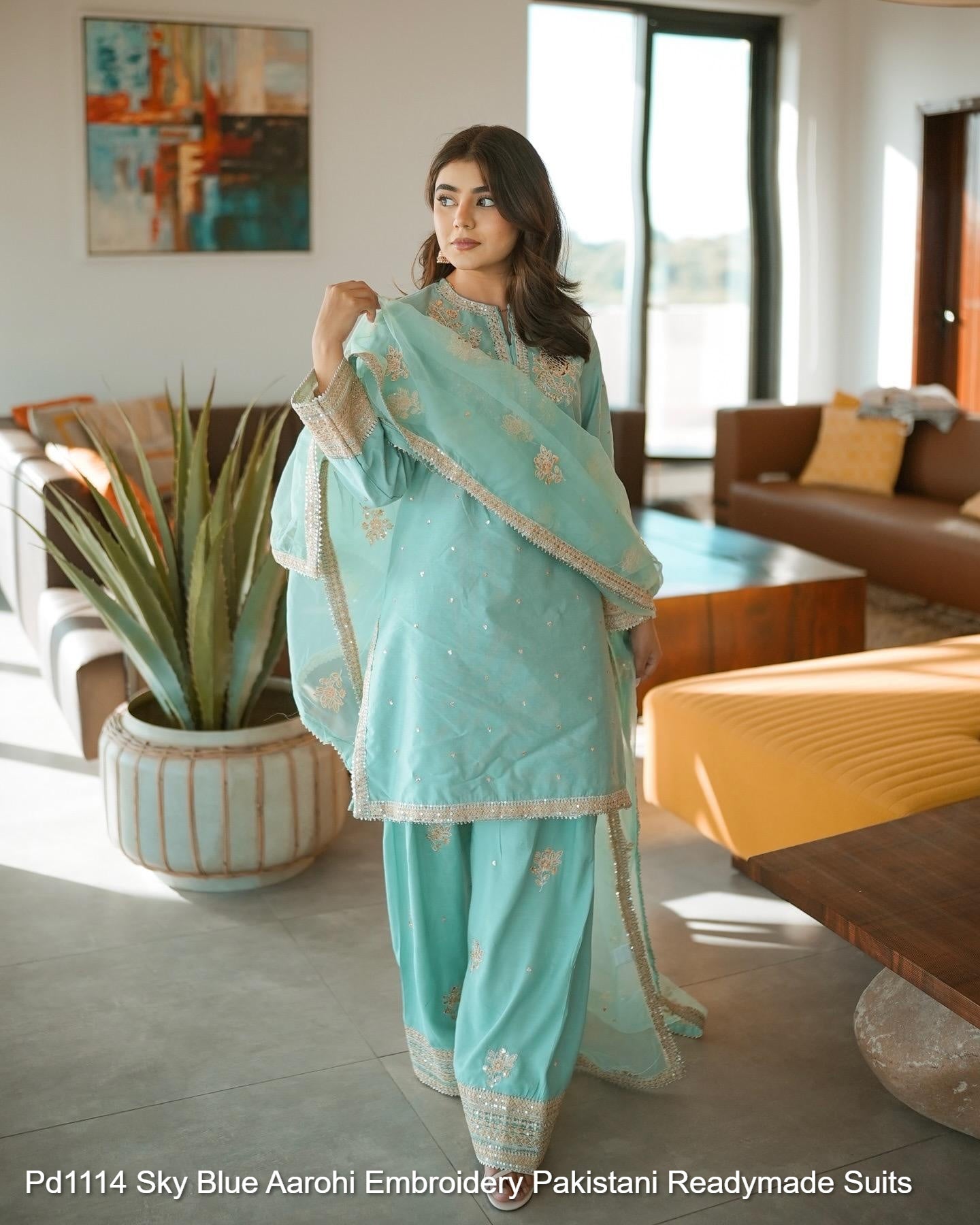 Pd1114 Sky Blue Aarohi Embroidery Pakistani Readymade Suits
