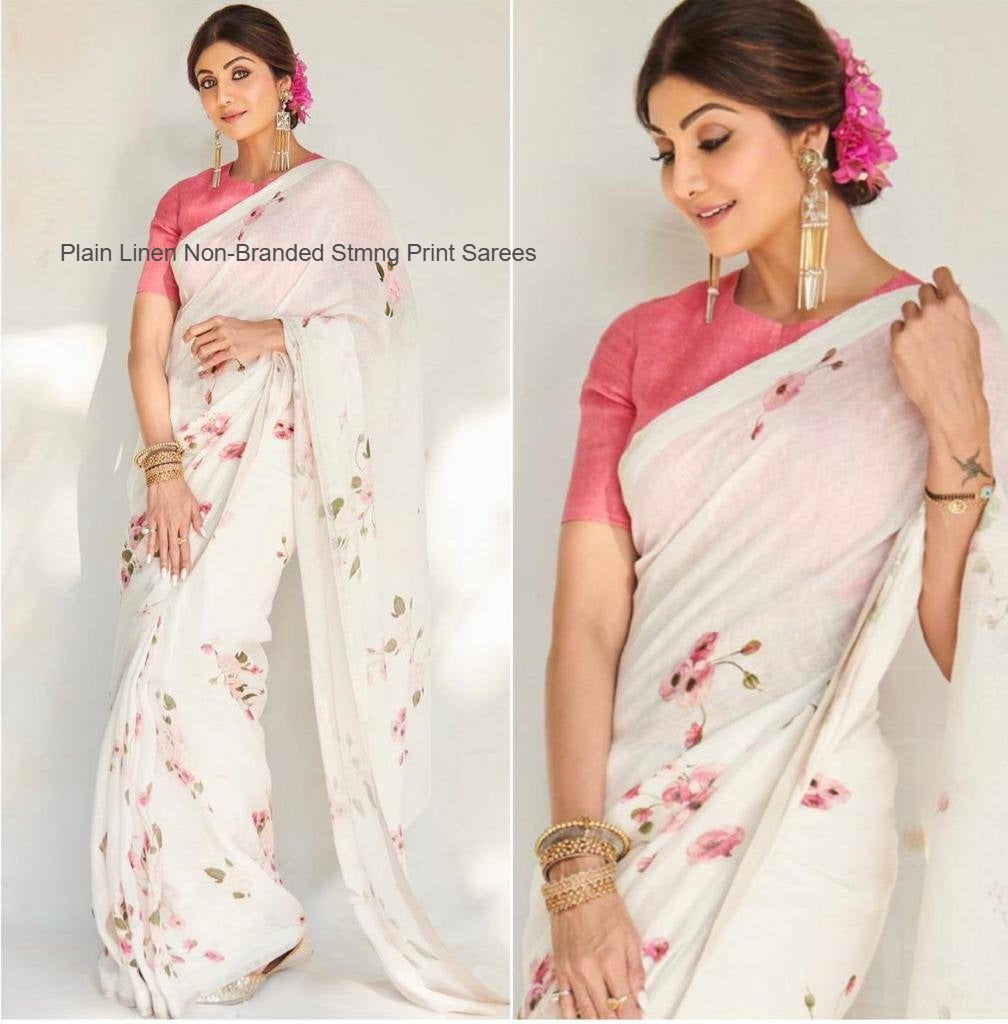 Plain Linen Non-Branded Stmng Print Sarees