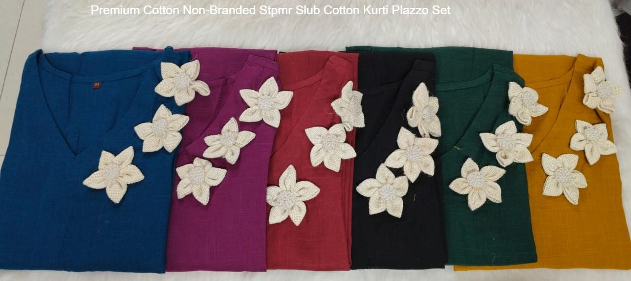 Premium Cotton Non-Branded Stpmr Slub Cotton Kurti Plazzo Set