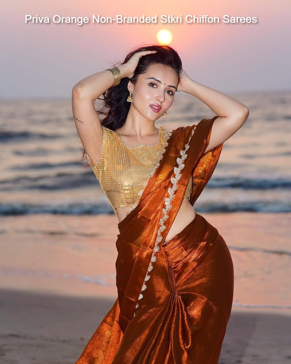 Priva Orange Non-Branded Stkri Chiffon Sarees
