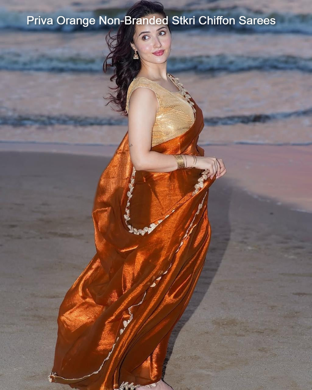 Priva Orange Non-Branded Stkri Chiffon Sarees