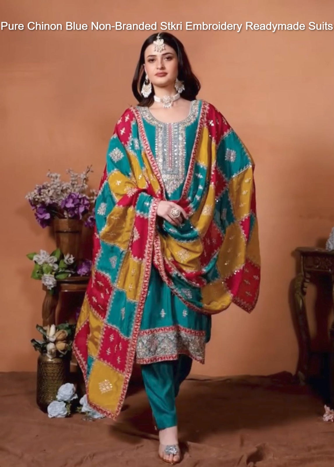 Pure Chinon Blue Non-Branded Stkri Embroidery Readymade Suits