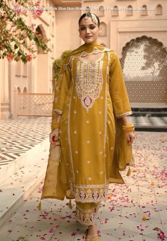 Pure Chinon Mustard Pink Blue Non-Branded Stkri Silk Pakistani Readymade Suits