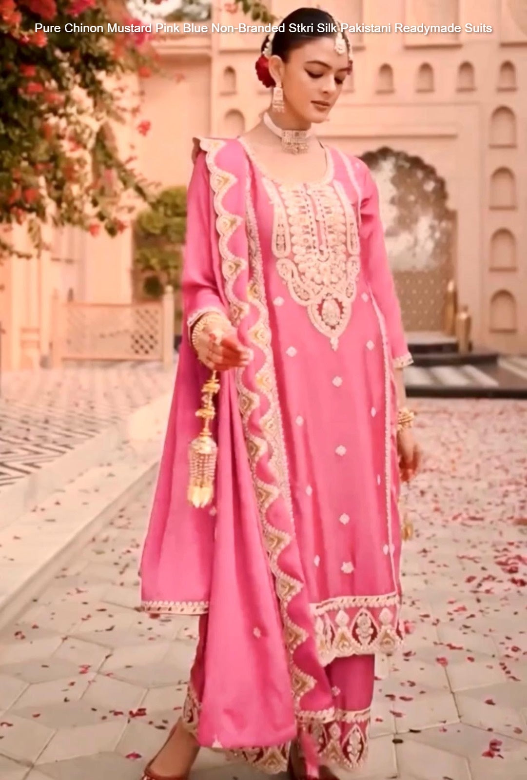 Pure Chinon Mustard Pink Blue Non-Branded Stkri Silk Pakistani Readymade Suits