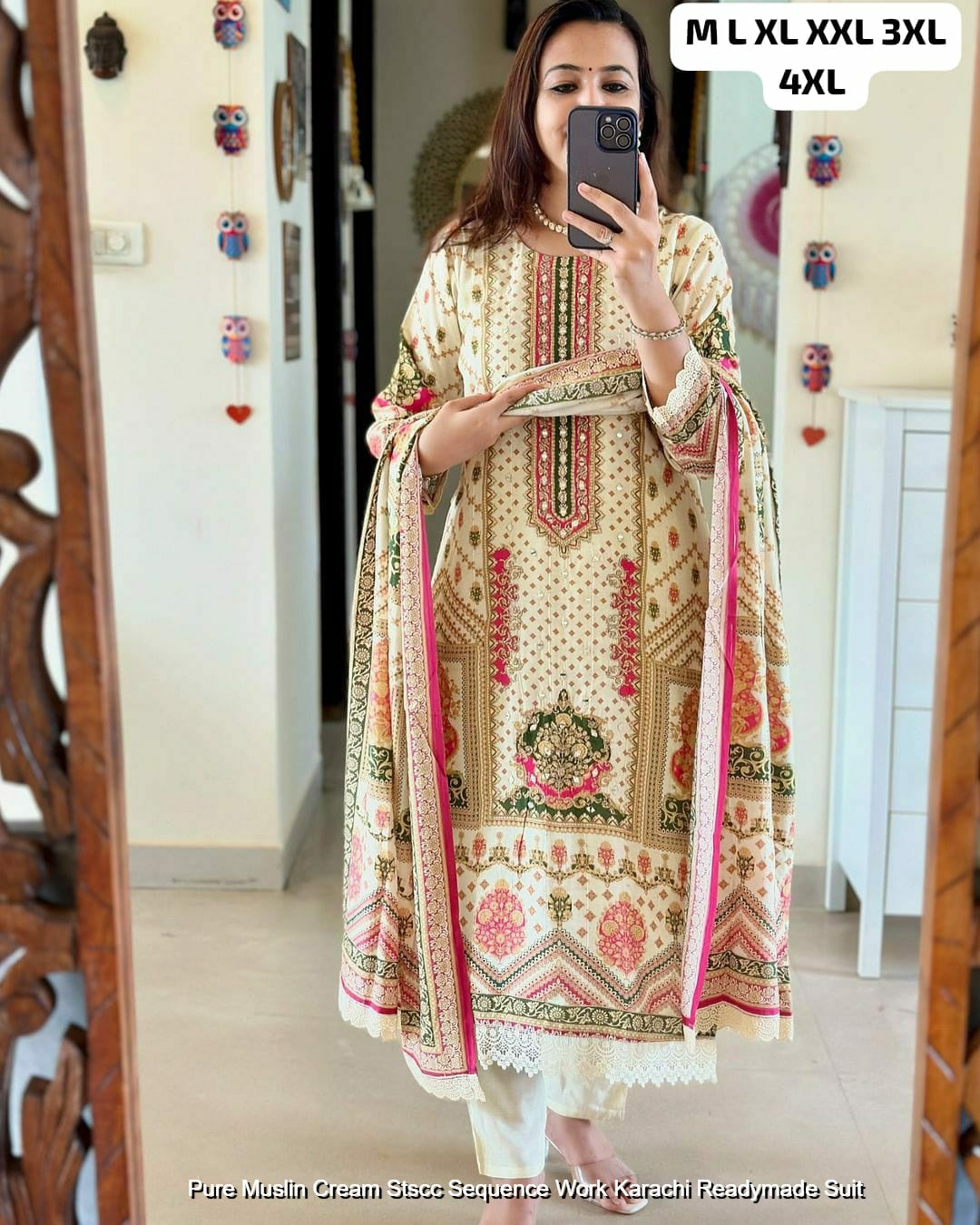 Pure Muslin Cream Stscc Sequence Work Karachi Readymade Suit
