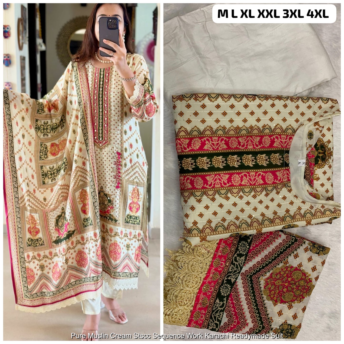 Pure Muslin Cream Stscc Sequence Work Karachi Readymade Suit