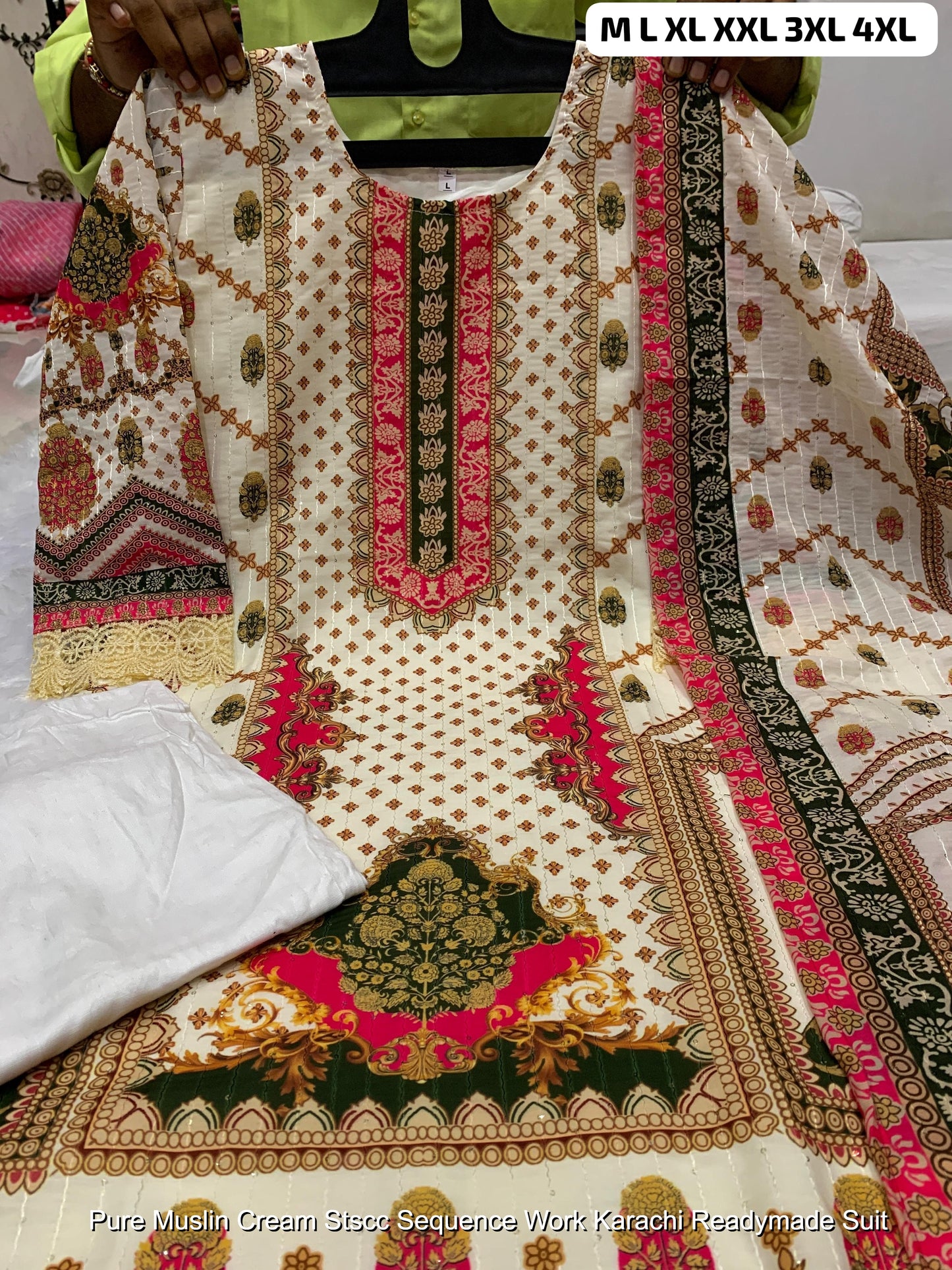 Pure Muslin Cream Stscc Sequence Work Karachi Readymade Suit