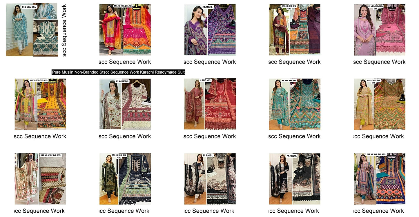 Pure Muslin Non-Branded Stscc Sequence Work Karachi Readymade Suit