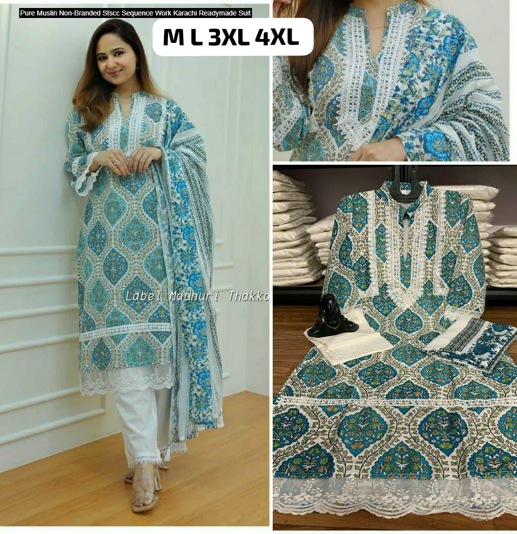 Pure Muslin Non-Branded Stscc Sequence Work Karachi Readymade Suit