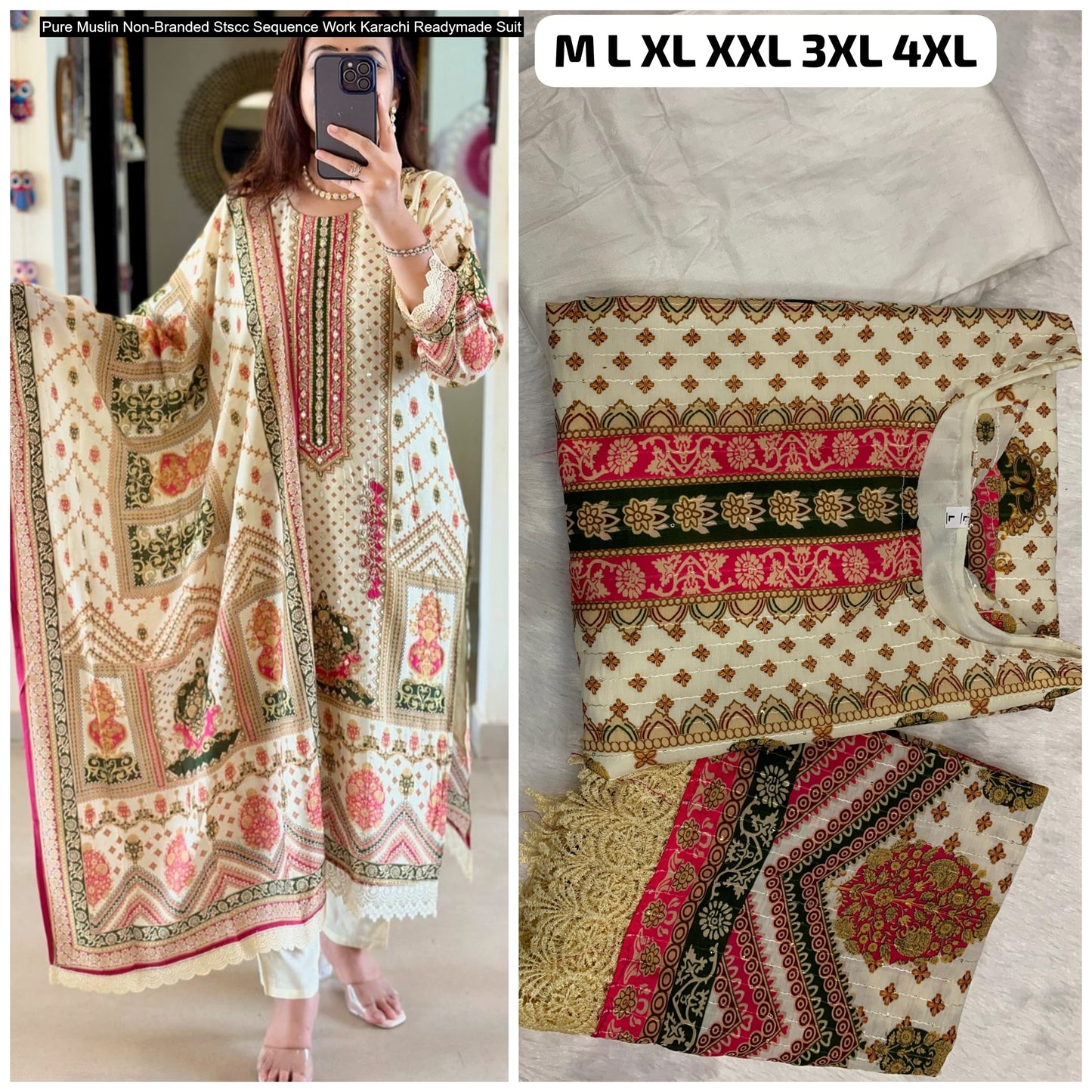 Pure Muslin Non-Branded Stscc Sequence Work Karachi Readymade Suit