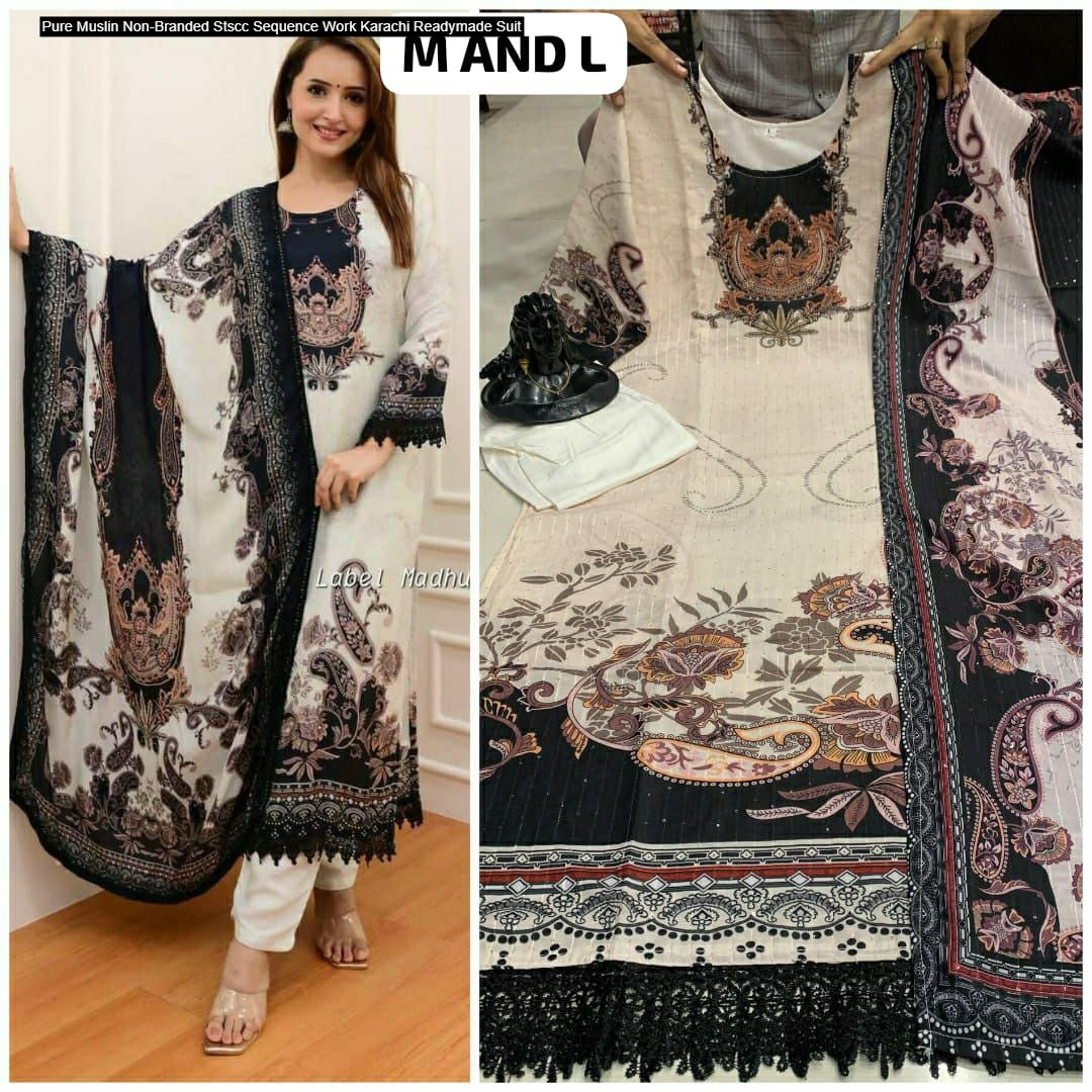 Pure Muslin Non-Branded Stscc Sequence Work Karachi Readymade Suit