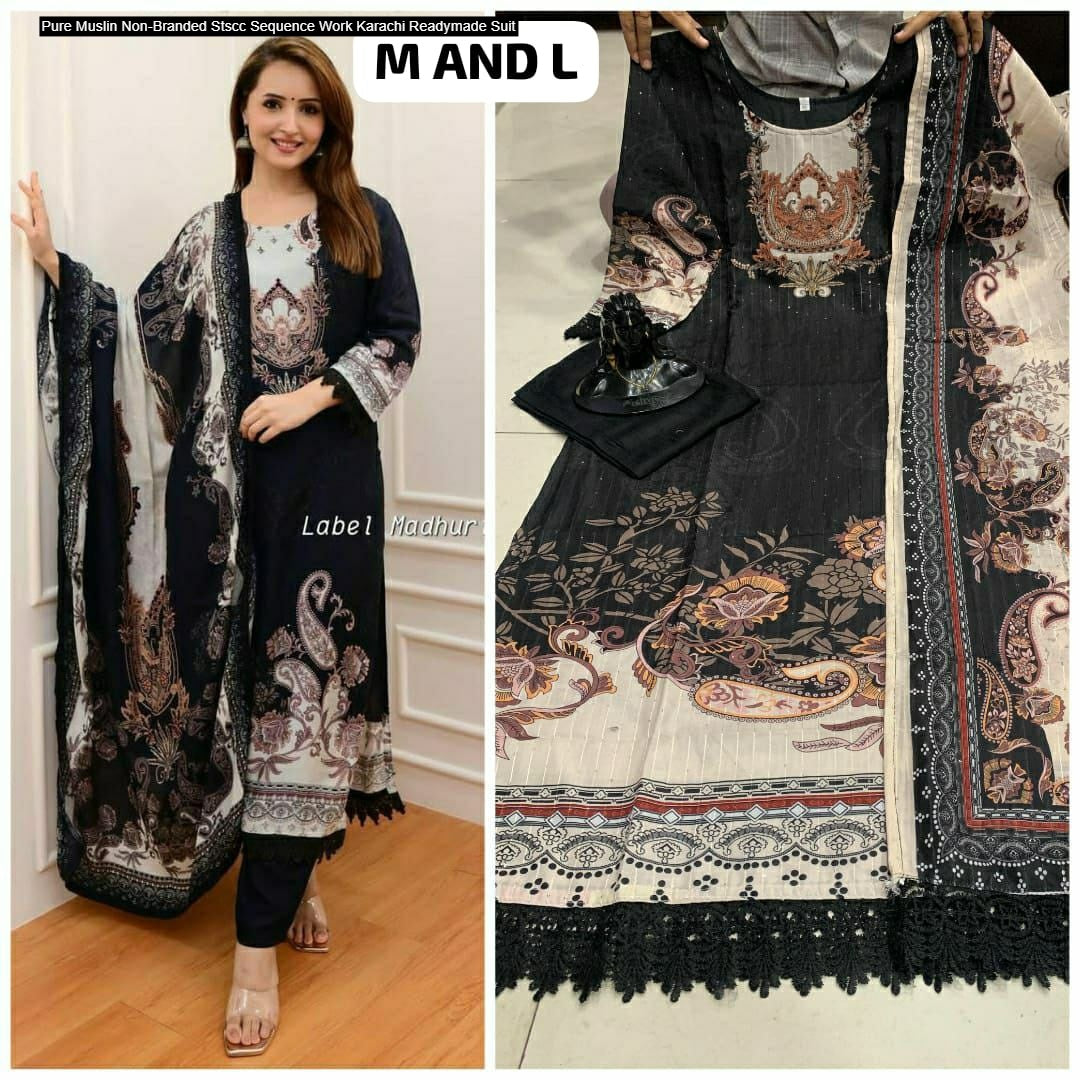 Pure Muslin Non-Branded Stscc Sequence Work Karachi Readymade Suit