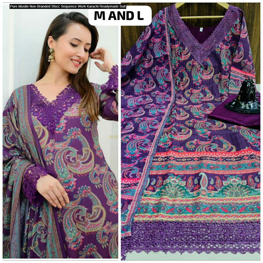 Pure Muslin Non-Branded Stscc Sequence Work Karachi Readymade Suit