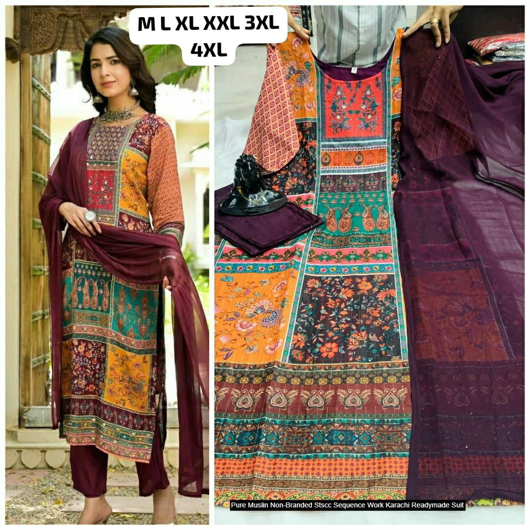 Pure Muslin Non-Branded Stscc Sequence Work Karachi Readymade Suit