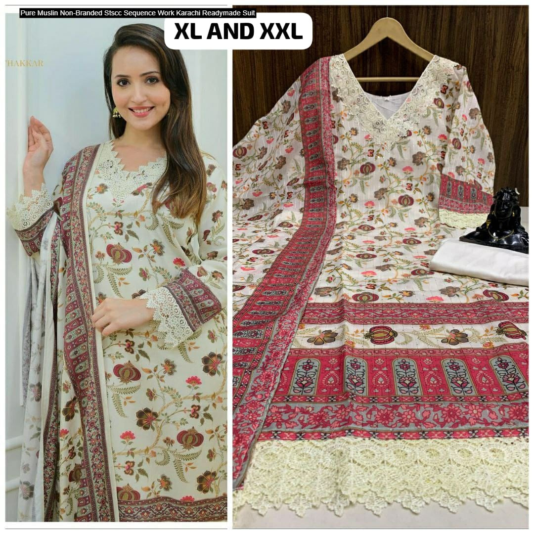 Pure Muslin Non-Branded Stscc Sequence Work Karachi Readymade Suit
