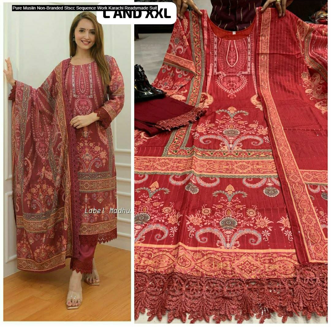 Pure Muslin Non-Branded Stscc Sequence Work Karachi Readymade Suit