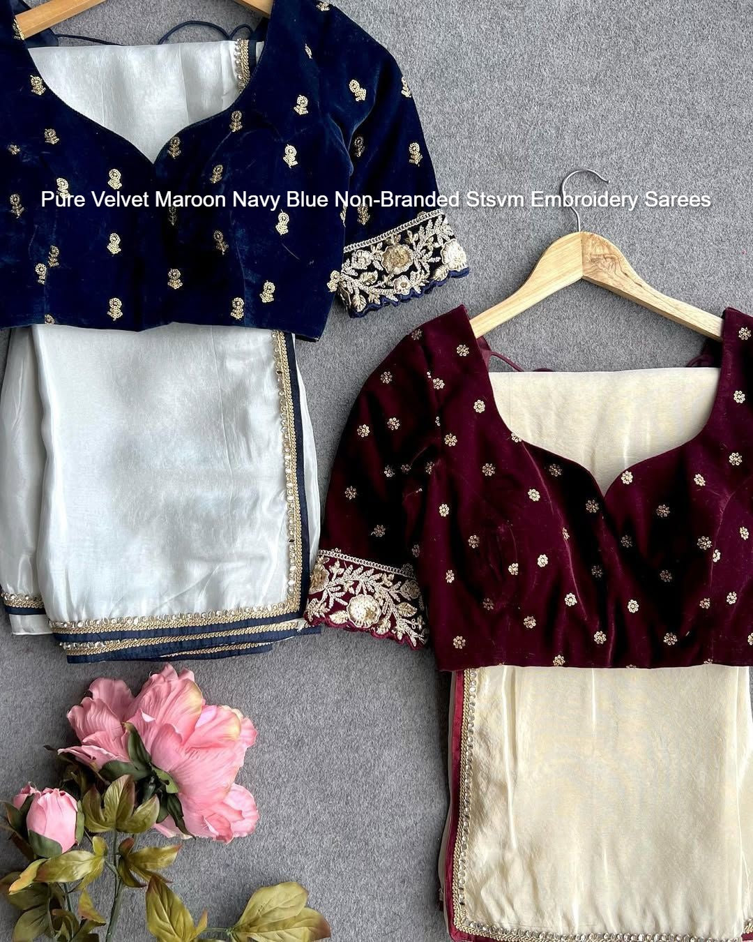 Pure Velvet Maroon Navy Blue Non-Branded Stsvm Embroidery Sarees