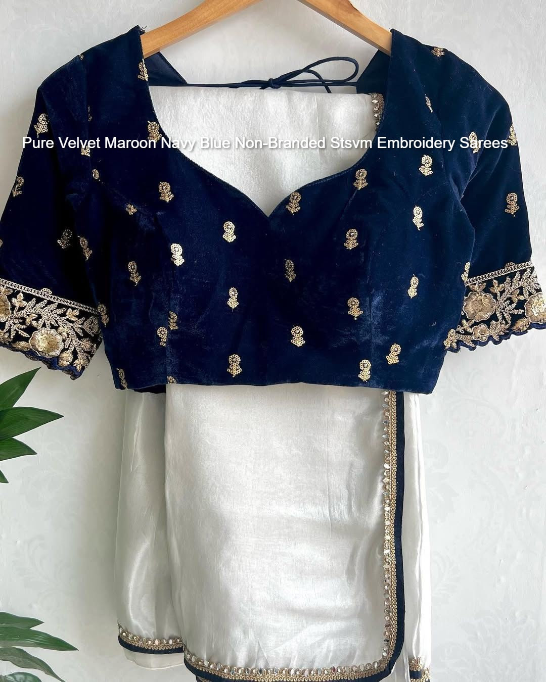 Pure Velvet Maroon Navy Blue Non-Branded Stsvm Embroidery Sarees