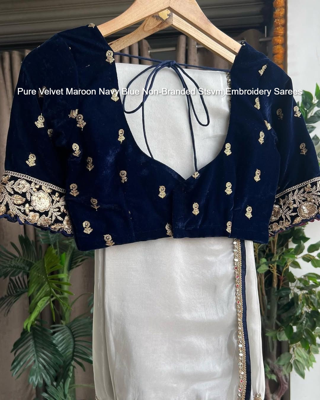 Pure Velvet Maroon Navy Blue Non-Branded Stsvm Embroidery Sarees