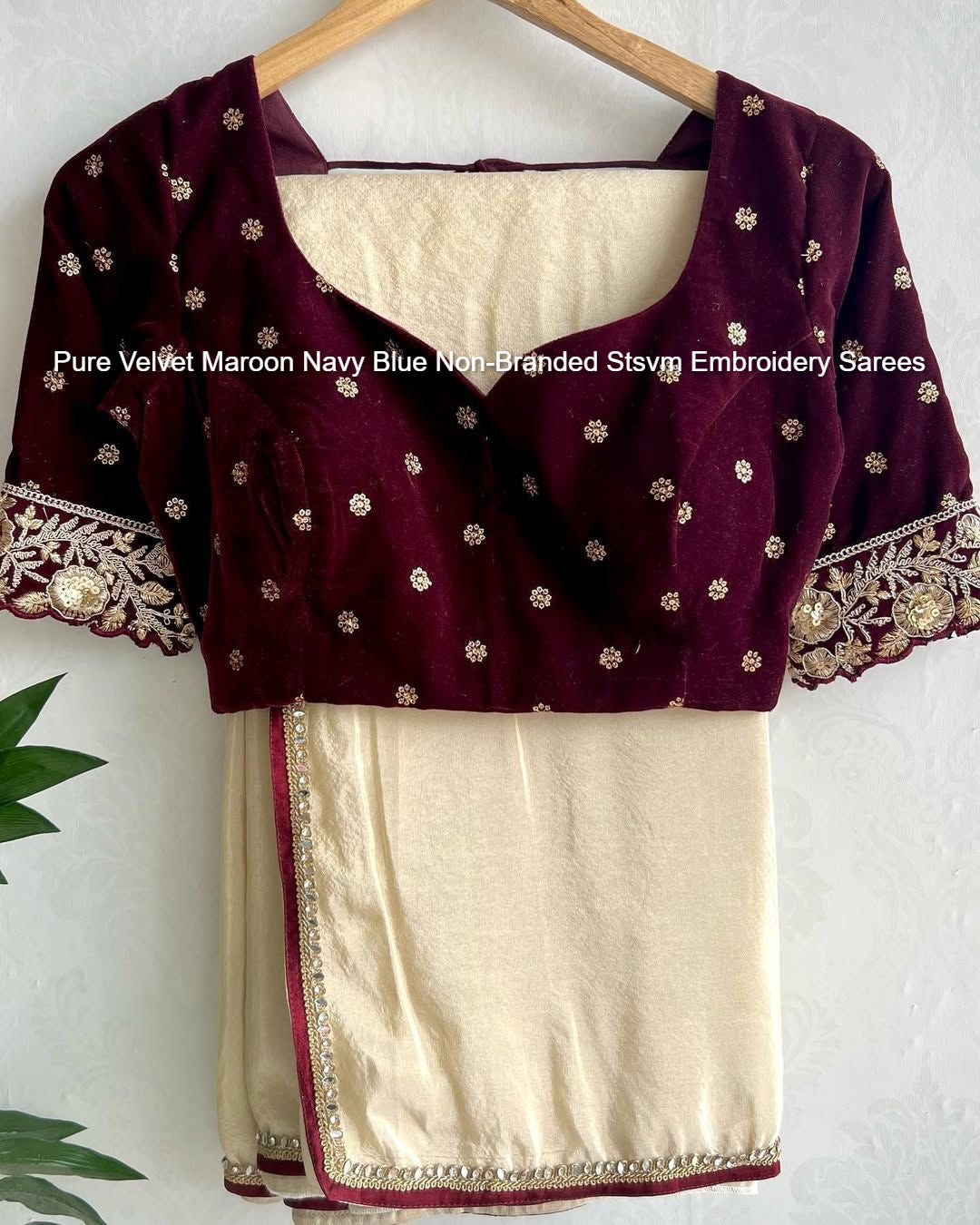 Pure Velvet Maroon Navy Blue Non-Branded Stsvm Embroidery Sarees