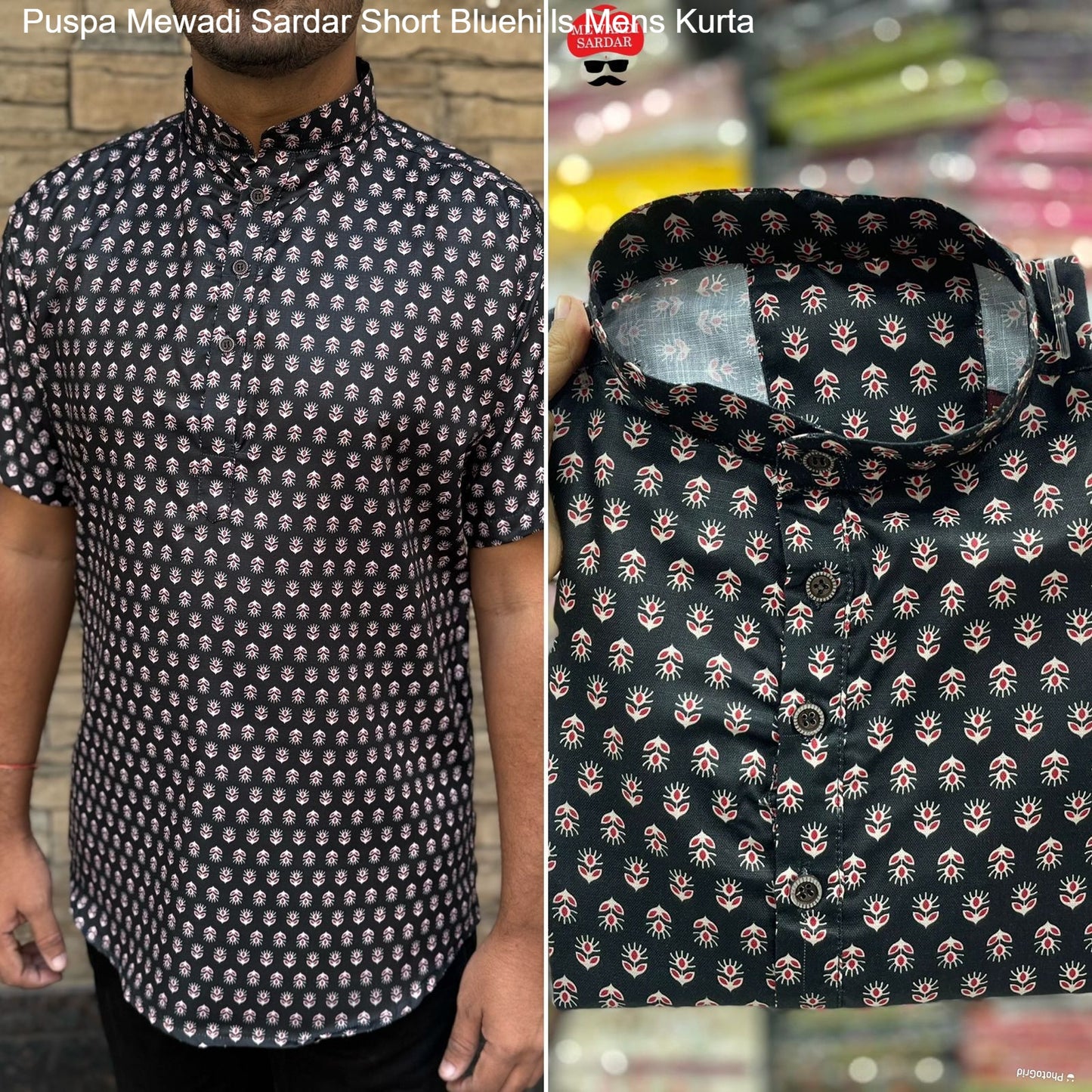 Puspa Mewadi Sardar Black Bluehills Short Mens Kurta
