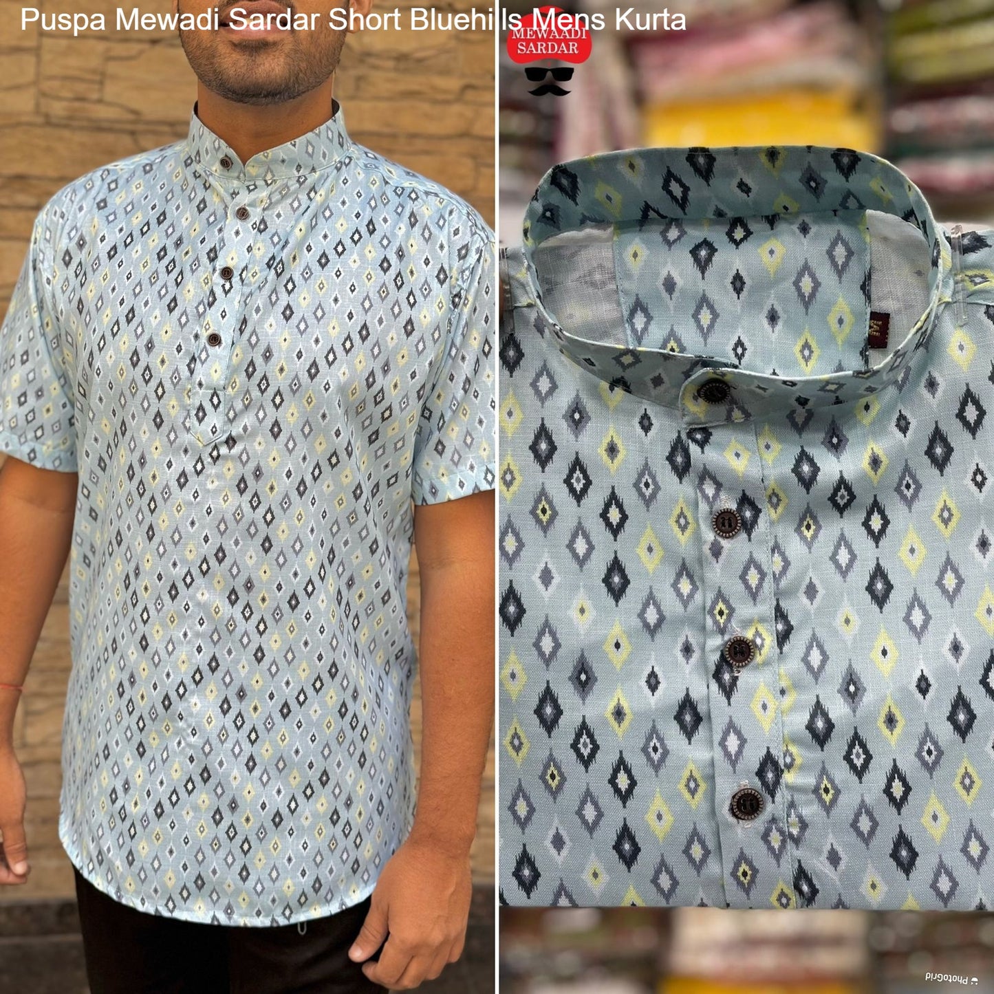 Puspa Mewadi Sardar Grey Bluehills Short Mens Kurta