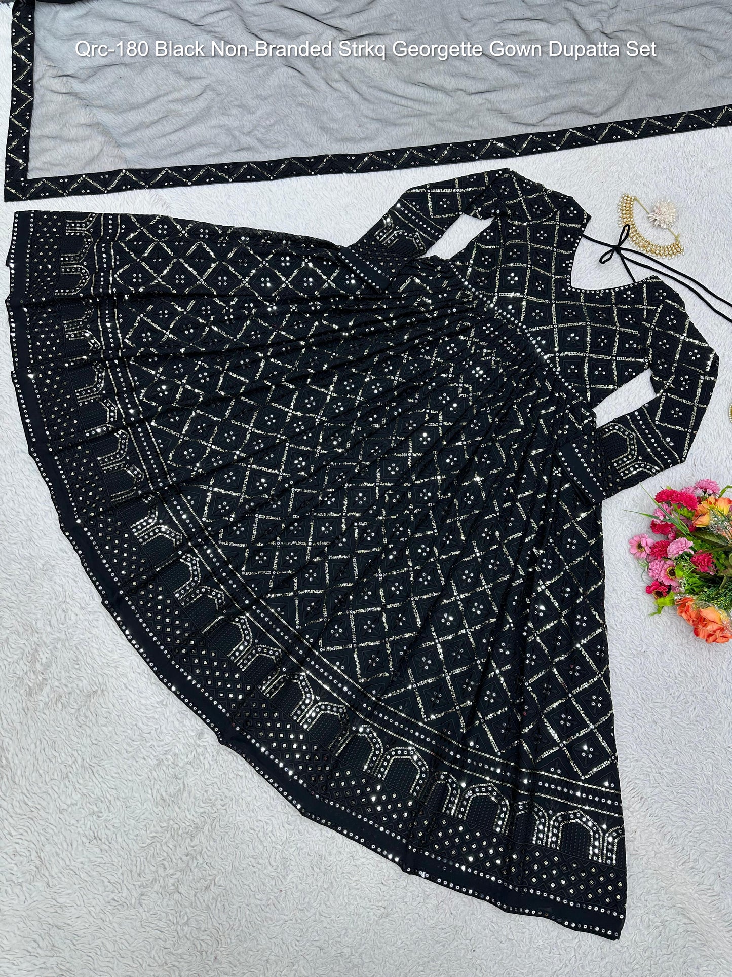 Qrc-180 Black Non-Branded Strkq Georgette Gown Dupatta Set