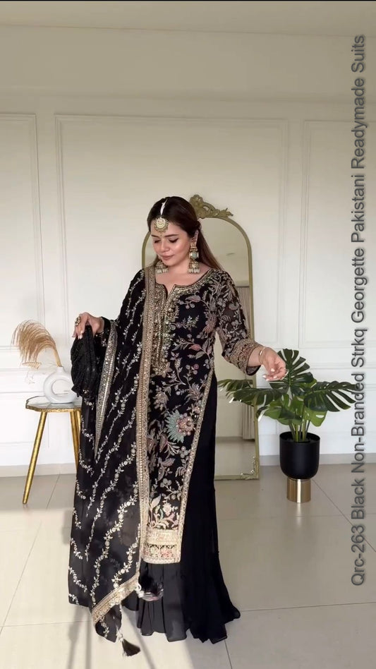 Qrc-263 Black Non-Branded Strkq Georgette Pakistani Readymade Suits