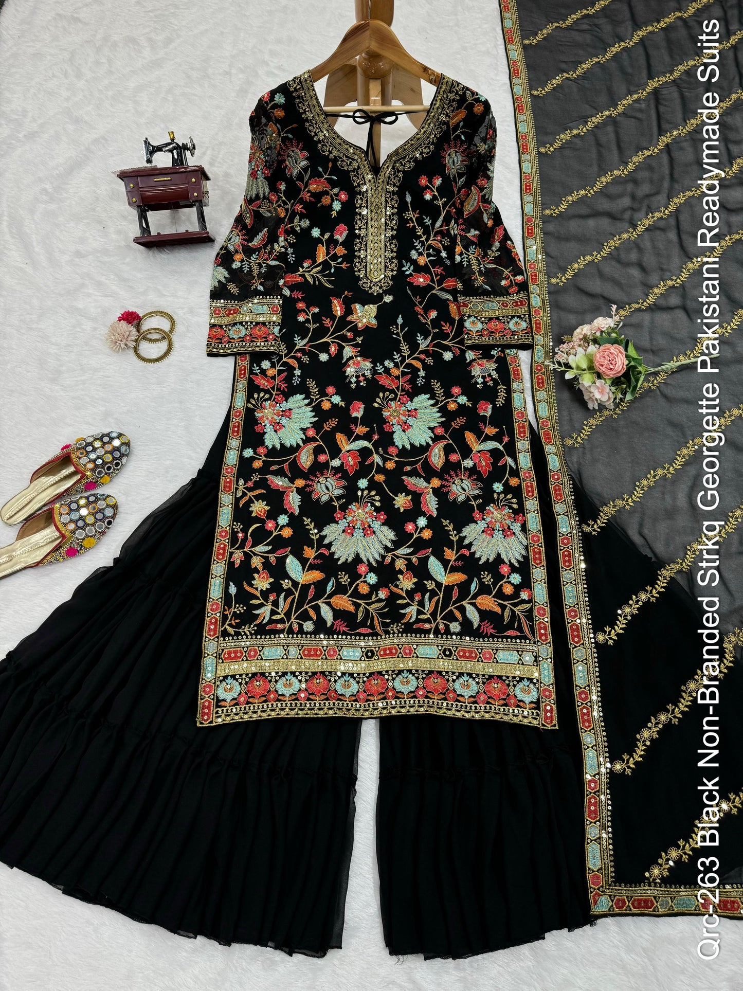 Qrc-263 Black Non-Branded Strkq Georgette Pakistani Readymade Suits